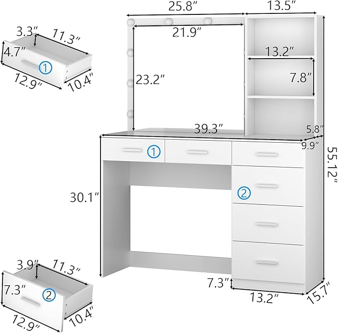 Loomie Vanity Desk with Lighted Mirror & Power Outlet, Makeup Vanity Table with 6 Drawers, 3-Tier Shelf, Vanity Dresser with 10 Lights in 3 Lighting Colors for Bathroom, Bedroom,Makeup Room, White