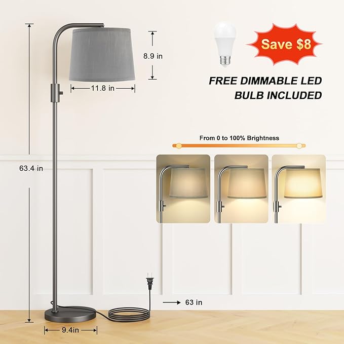 Ambimall Fully Dimmable Floor Lamp - Floor Lamps 9W LED Light Bulbs, Standing Lamps for Living Room with Adjust Head, Modern Standing Light Rotary Switch, Tall Lamp for Bedroom(Grey and Grey)