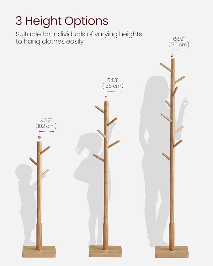 VASAGLE Solid Wood Coat Rack, Free Standing Hall Coat Tree with 8 Hooks, 3 Height Options, for Coats, Hats, Bags, Purses, for Entryway, Hallway, Rubberwood Hooks and Pole, Natural Beige URCR010N01