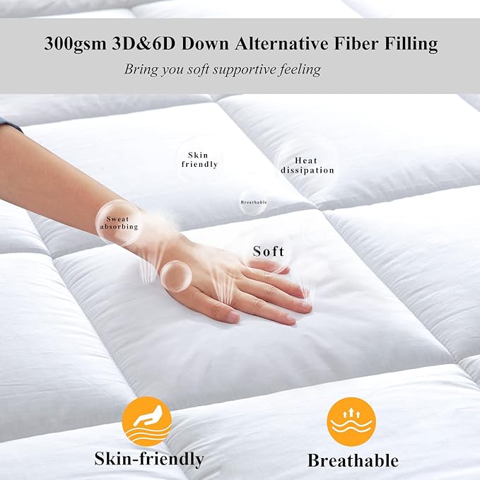 Mattress Pad with 100% Cotton Cover, Down Alternative Bed Pad for Optimum Cushioning & Support, Breathable White Color, Twin XL Size