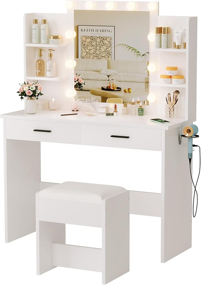 KAMABOKO Vanity Desk with Mirror & LED Lights & Power Outlet, Makeup Vanity Table with 2 Drawers and 6 Storage Shelves, Dressing Table for Bedroom Dressing Room (White)