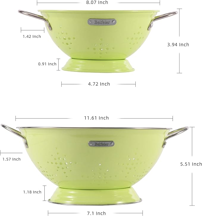 Metal Colander 2 Pack, Strainer Bowel with Handles 2Qt & 6Qt Powder Coated Solid Ring Base Heavey Duty Kitchen Drainer Basket for Pasta Veggies and Fruits,New Home Apartment Essentials (LightGreen)