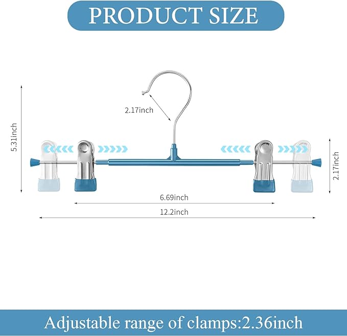 Pants Hangers with Clips 20 Pack Adjustable Skirt Hangers for Women Non-Slip Trousers Hanger for Jeans Clothes Hangers for Pants Heavy Duty Space Saving Shorts Hangers,Blue,12Inch
