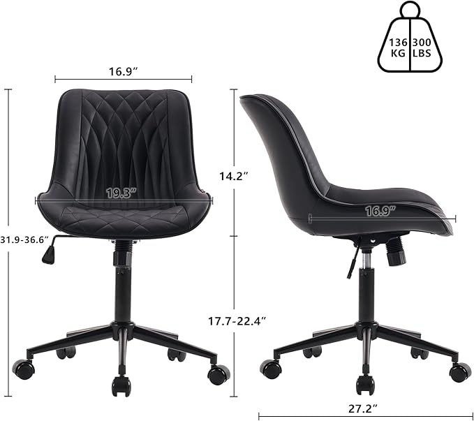 YOUNIKE Black Home Office Desk Chair Armless Comfy Small Ergonomic Rolling Vanity Chair with Wheels Wide Swivel Adjustable Modern Task Chair Back Cute Leather Upholstered Sewing Drafting Chair No Arms