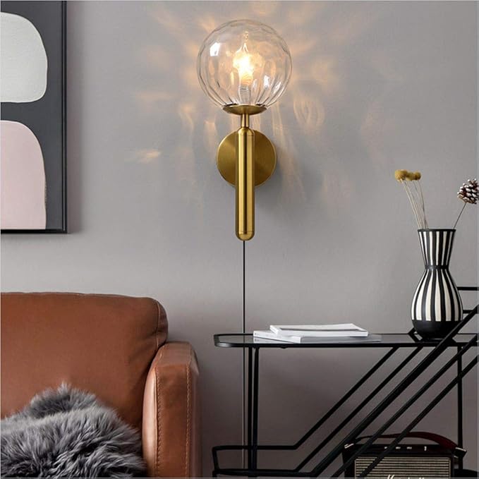 KCO Lighting Plug in Globe Wall Light Vintage Industrial Wall Sconce Lighting Fixture with On/Off Switch, Metal Wall Lamp for Bedroom Living Room Hallway,(Clear Plug in)