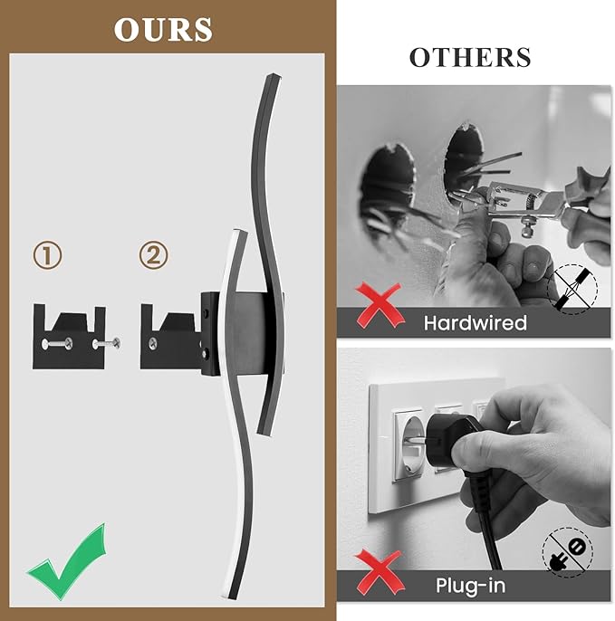 Modern LED Wall Sconce set of Two, Battery Powered Wall Sconces set of 2 with Timer, Black Wall Light with Remote, LED Wall Lamp indoor not hardwired for Bathroom Living Room Bedroom Corridor