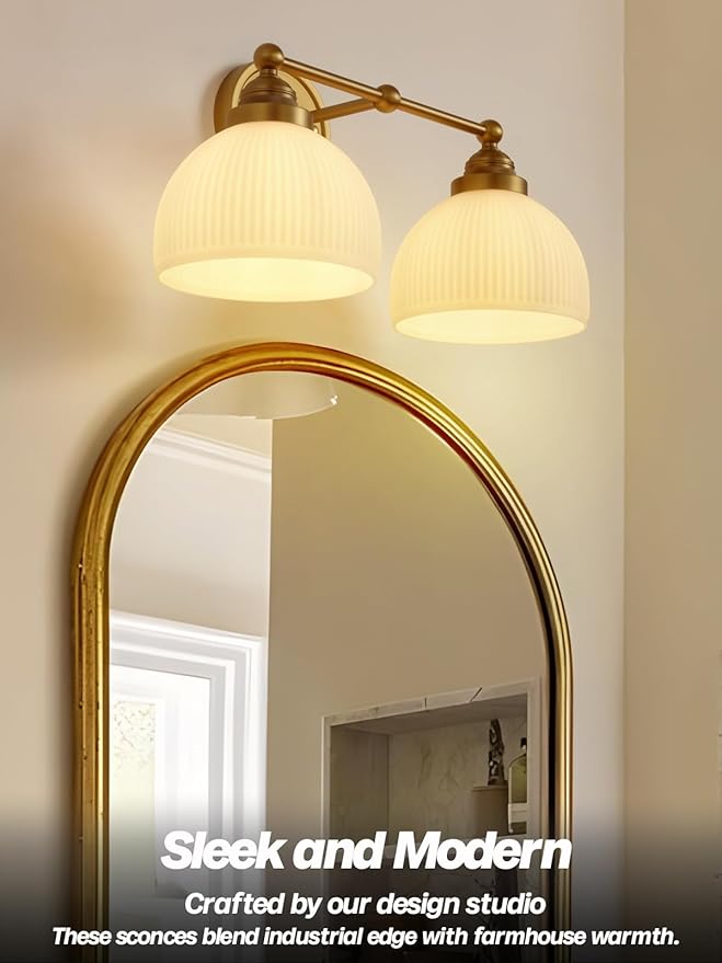 2-Lights Milk White Glass Wall Sconce Lighting Brass Finished, Double Arm Bathroom Vanity Light Fixture for Bedroom Living Room Dining Room Hallway
