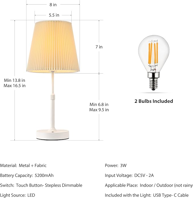 Cordless Table Lamp, 2700K Stepless Dimmable Wireless Touch Lamp with 2 Bulbs, 5200mAh Rechargeable Battery Operated Lamps for Living Room, Kitchen, Bedside, Dining Room, Bar(White)