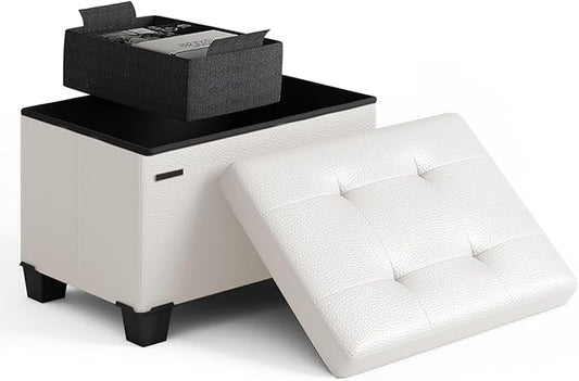STORAGEBUD Storage Ottoman Cube with Small Bin, 16-in Square Ottoman with Storage for Living Room and Bedroom, Small Ottomans Foot Rest, Faux Leather Foot Stools Ottomans Max 330lbs, Cream