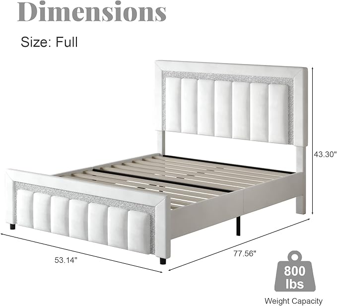 HOMBCK Full Size Bed Frame, Full Bed Frames with Upholstered Headboard, Princess Platform Bed with Diamond Design and Wooden Slats Support, No Box Spring Needed, Easy Assembly, White