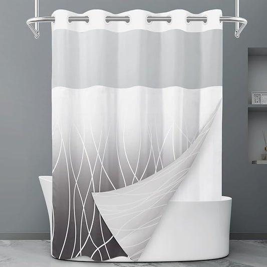 No Hook Ombre Dark Grey Striped Shower Curtain with Snap in Liner Set - Hotel Shower Curtain and Liner Set with See Through Mesh Top Window,Machine Washable, 71x74 INCH