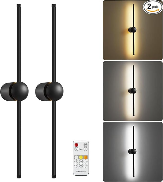 Battery Operated Wall Sconce Set of Two, Wireless Battery Powered LED Wall Lights with Remote, 360°Rotation, Rechargeable, Dimmable,Black Modern Cordless Wall Lamp for Living Room Bedroom