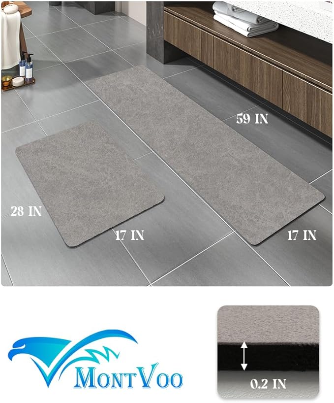 MontVoo -Bath Mat-Rubber Backing Non Slip Quick Dry Absorbent Thin Bathroom Rugs Fit Under Door-Faux Suede Surface Bathroom Floor Mats-Shower Rug for in Front of Bathtub Shower Gray Rug Set