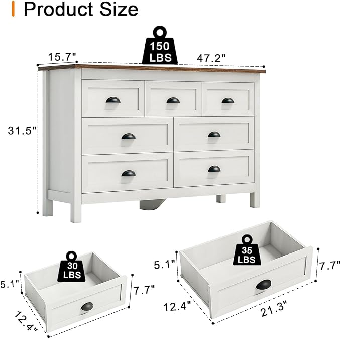 Wananlanen® Farmhouse Dresser for Bedroom, Antique Double Dresser & Chest of Drawer with Vintage Handle and Storage, Wooden Tall Rustic Organizer for Bedroom (Antique White, 7 Drawer)