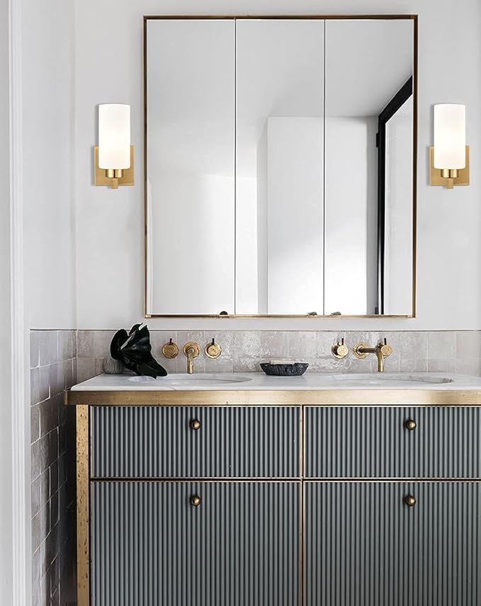 Modern Wall Light Fixtures Brass Bathroom Vanity Light with Milky White Cylinder Glass Shade Set of 2