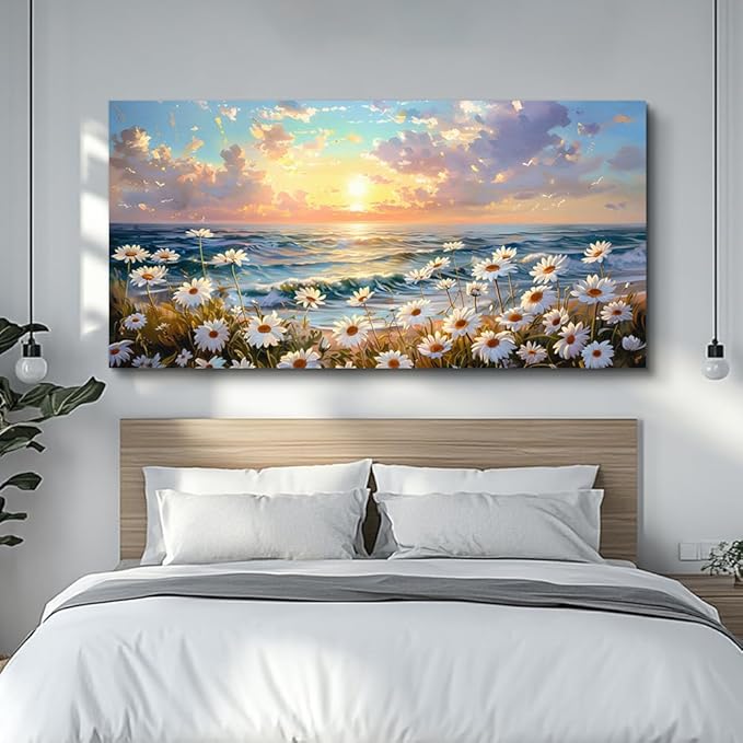 PHAOHUAXM Large Wall Decor Canvas Wall Art For Bedroom Living Room Decor A Landscape Painting Of A Sea Of White Flowers Painting Art Print Picture Artwork For office Bathroom Home Decor 30x60 In
