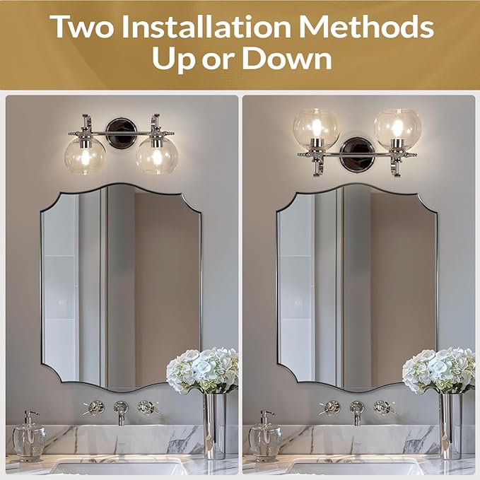 ANDY STAR Chrome Bathroom Light Fixture, 2-Light Modern Vanity Lights, Modern Wall Sconce with Clear Globe Glass Shades, Industrial Wall Lamp with Curved Arm for Bathroom, Powder Room, Over a Mirror