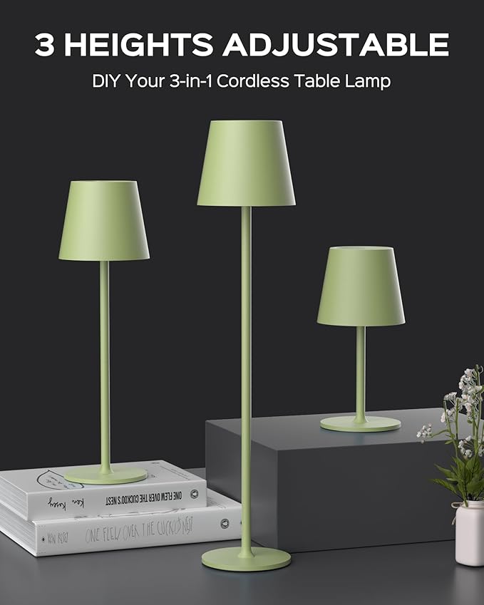 Cordless Table Lamps Rechargeable, 3 Adjustable Height, 5000mAh Battery Operated, 3 Colors Smooth Dimming, Portable LED Waterproof Table Lamp for Kitchen, Bedroom, Outdoor (2 Pack-Mint Green)