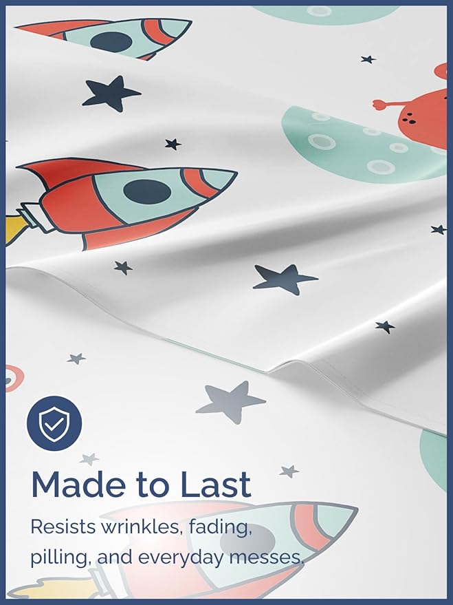 Kids Space Twin 3 Piece Sheet Set - Boys, Girls, Teens, Toddler - Easy Fit, Deep Pockets - Breathable, Hotel Quality Bedding Sheets - Machine Washable - Wrinkle Free - Cute, Cozy & Soft - CGK Linens