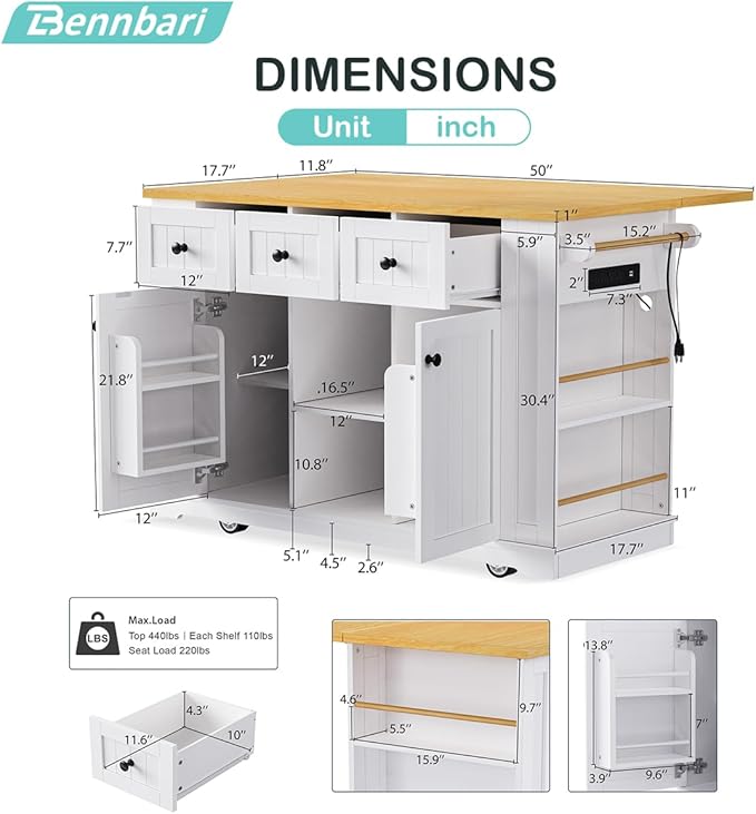 Rolling Kitchen Island with Storage, Kitchen Cart on Wheels with Drop Leaf, Mobile Kitchen Storage Cart with Power Outlet, Open Side Racks, 53 Inch Width, Three Drawers (White)