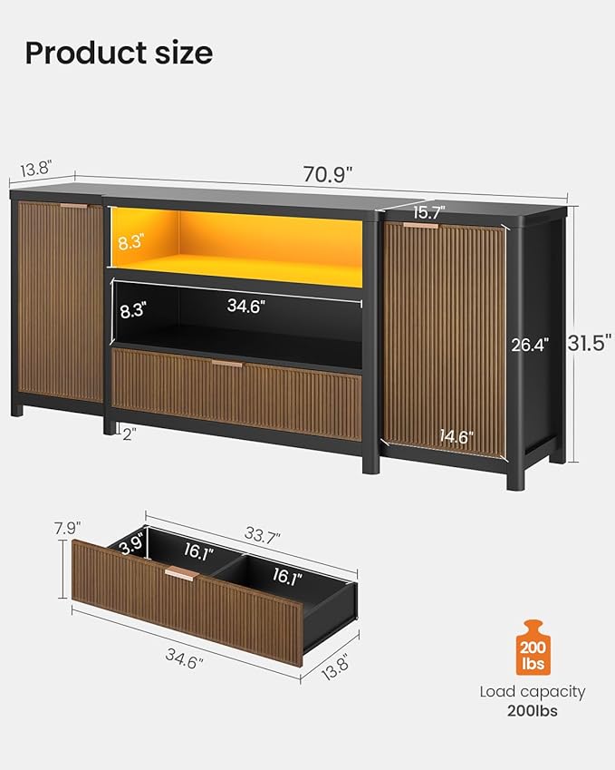 AOGLLATI Fluted TV Stand for Living Room, 71” Heavy-Duty TV Console Cabinet with Storage and Shelf, Mid Century Modern Television Stands with Drawers for 60/65/70/75/80 TV, Black