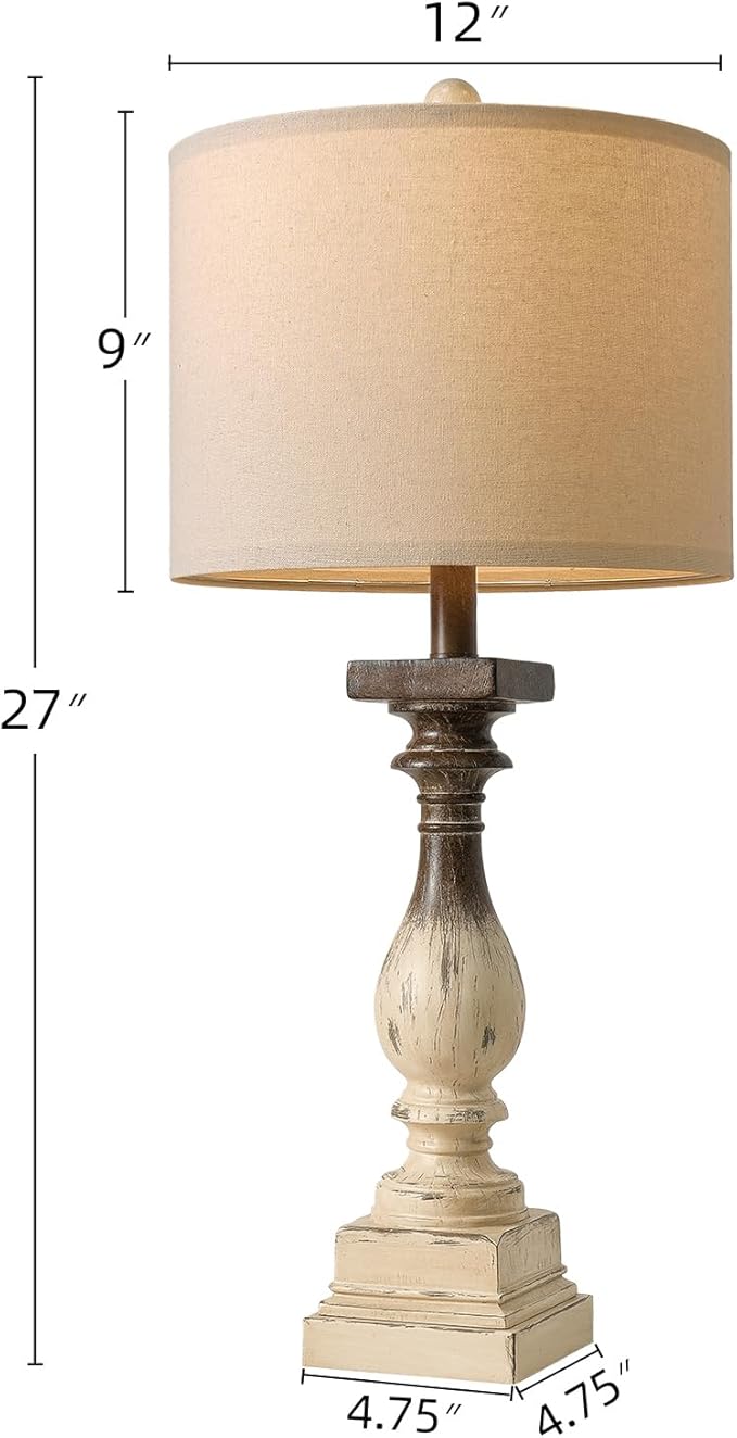 BOBOMOMO 27" Farmhouse Table Lamps with USB-A +C Ports, Vintage Rustic Side Table Lamps Set of 2, Linen Shade, Retro Bedside Night Stand Lamps for Living Room, Bedroom, Office, Home Decor