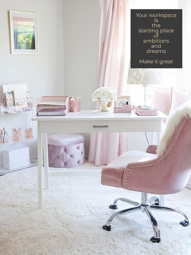 BLU MONACO Pink Desk Organizer Set for Women – 6-Piece Interlocking Office Supplies Set, Pen Cup, 3 Accessory Trays & 2 Letter Trays, Pink Room Decor for Women & Teen Girls