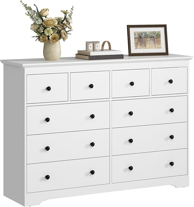 LYNSOM Modern 10 Drawer Dresser, 55.1" Wide Dressers & Chests of Drawers with Large Capacity Storage, Mid Century White Dresser for Bedroom, Hallway, White