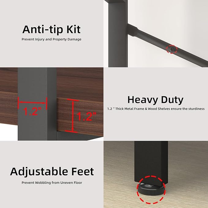 HSH Walnut 5 Tier Bookshelf, Tall Bookcases and Book Shelves 5 Shelf, Large Industrial Metal Wood Display Book Shelf Storage Rack, Rustic Open Bookcase Bookshelves for Bedroom Living Room Office