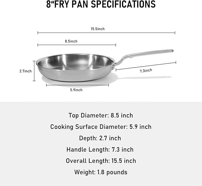 8 Inch Stainless Steel Frying Pan - 5 Ply Stainless Clad Skillet with Aluminum Core, Durable and Even Heating, Professional Cookware for Induction, All Stoves, Oven and Dishwasher Safe