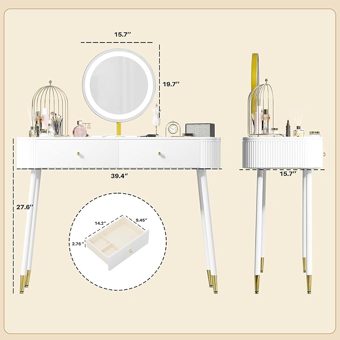 WinZo 40" Vanity Desk with Mirror and Lights, Small Makeup Vanity Table with 2 Storage Drawers and Charging Station, 3 Color Touch Screen Stylish Dressing Table for Small Spaces & Bedroom, White