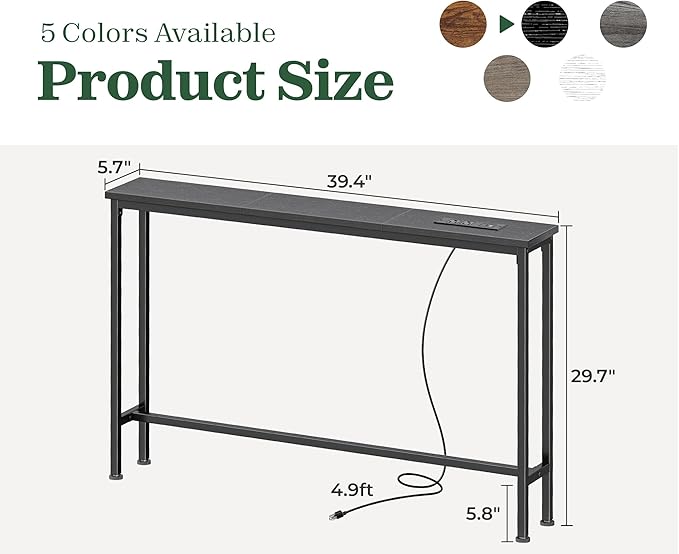 SUPERJARE 5.9 Inch Console Table with Outlet, Sofa Table, Behind Couch Table, 5.9 x 39.4 x 29.1 Inches, Metal Frame, Charging Station, for Living Room, Black