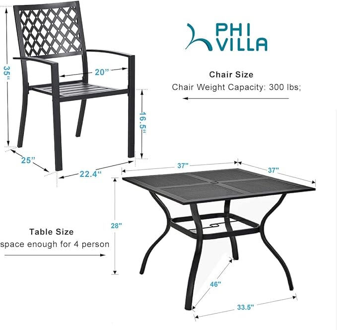 PHI VILLA Patio Dining Set Wrought Iron Outdoor Table and Chairs Furniture Set 5 Piece, 37" Square Bistro Table with Umbrella Hole and 4 Backyard Garden Chairs Support 300LBS for Deck, Lawn, Garden