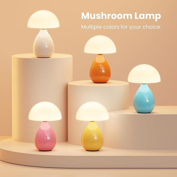 Mushroom Lamp Small Vintage Table Light, Mini Modern Lamp Bedside Nightstand LED, Small Light Dimmable for Bedroom, Living Room, Ceramic Base Glass Led Home Decor for Woman Gifts