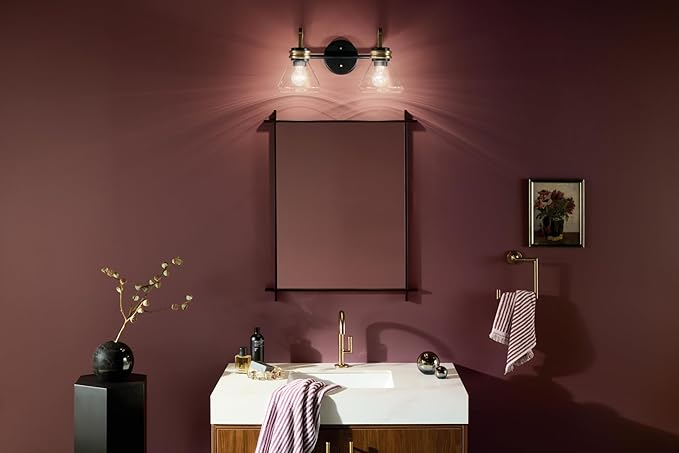 Kichler Farum 19.25" 2-Light Vanity Light with Clear Glass in Black, for Vanity, Jack & Jill Layout, Over a Mirror (19.25" W x 9.5" H), 55154BKCLR