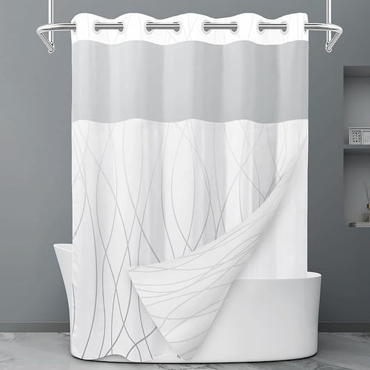 No Hook Ombre Grey White Striped Shower Curtain with Snap in Liner Set - Hotel Shower Curtain and Liner Set with See Through Mesh Top Window,Machine Washable, 71x74 INCH