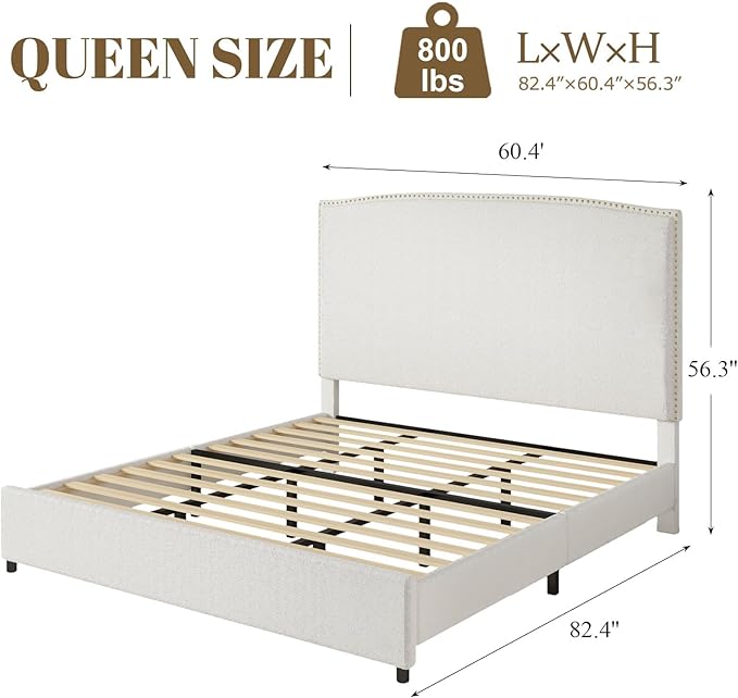 Queen Bed Frame, Queen Size Upholstered Platform Bed Frame with 56" Headboard, Soft Boucle Fabric, Mid-Century Modern Design, No Box Spring Required, Easy Assembly, White