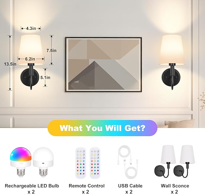 Wireless Rechargeable Wall Sconce, Black Battery Operated Wall Lights, Wall Lamps with Remotes and Dimmable RGB LED Bulbs, No Wiring Indoor Sconces Wall Decor Set of 2 for Bedroom Living Room Hallway
