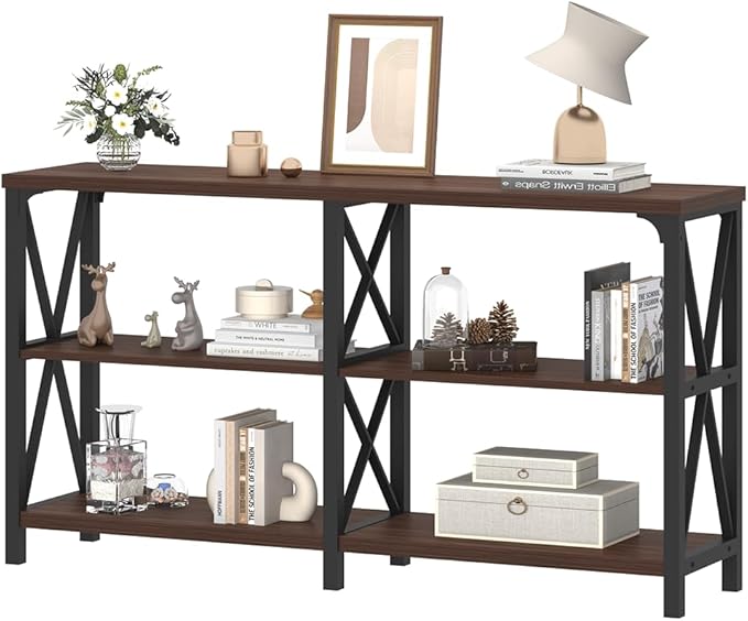 IBF Rustic Console Table, Industrial Wood and Metal Sofa Table, Hallway Entry Table for Home Living Room, Barnwood Foyer Accent Entryway Table with Retro Vintage Storage Shelf, Walnut, 55 Inch