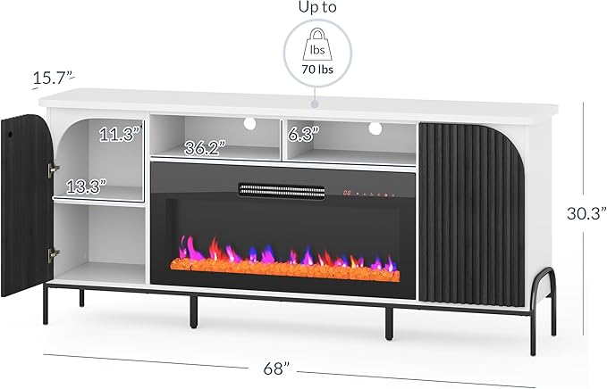 BELLEZE 68" Fluted TV Stand with 36" Electric Fireplace, Modern Entertainment Center with Storage for TVs Up to 75", Media Console with Curved Panel & Door,TV Cabinet for Living Room Bedroom (White)