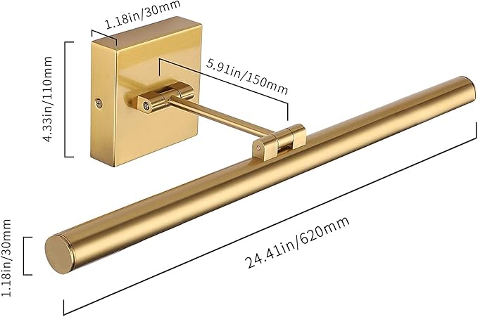 Joosenhouse LED Picture Light Fixtures Dimmable 24.4 Inches, Full Metal Artwork Display Lamp with Single Swing Arm, 14W (70W Eqv), Hardwired Connection, 3000K Warm White, Golden-Like Brass Finish
