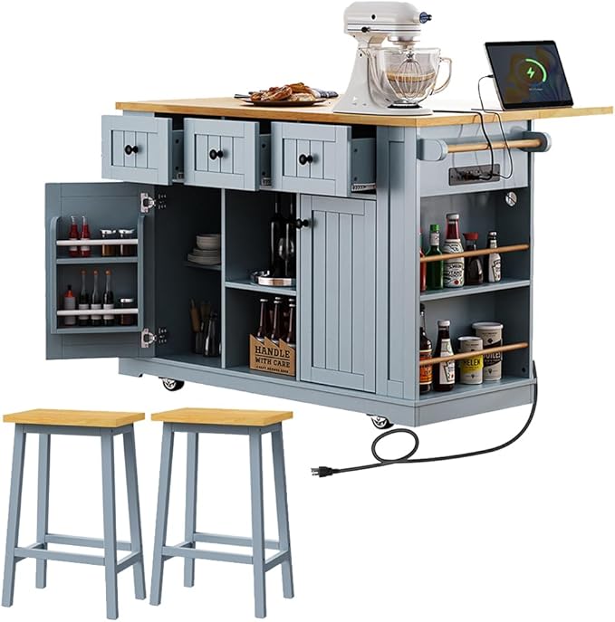 Rolling Kitchen Island with 2 Bar Stools, Kitchen Cart on Wheels with Drop Leaf, Mobile Kitchen Storage Cart with Power Outlet, 53 Inch Width (with 2 Bar Stools: Grey Blue)