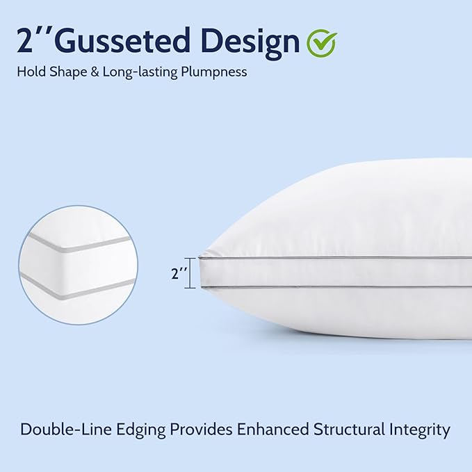 Pillows Queen Size Set of 2, Gusseted Bed Pillows for Sleeping 2 Pack, Luxury Hotel Quality, Supportive Queen Pillow with Soft Down Alternative for Back Stomach Side Sleepers, Machine Washable