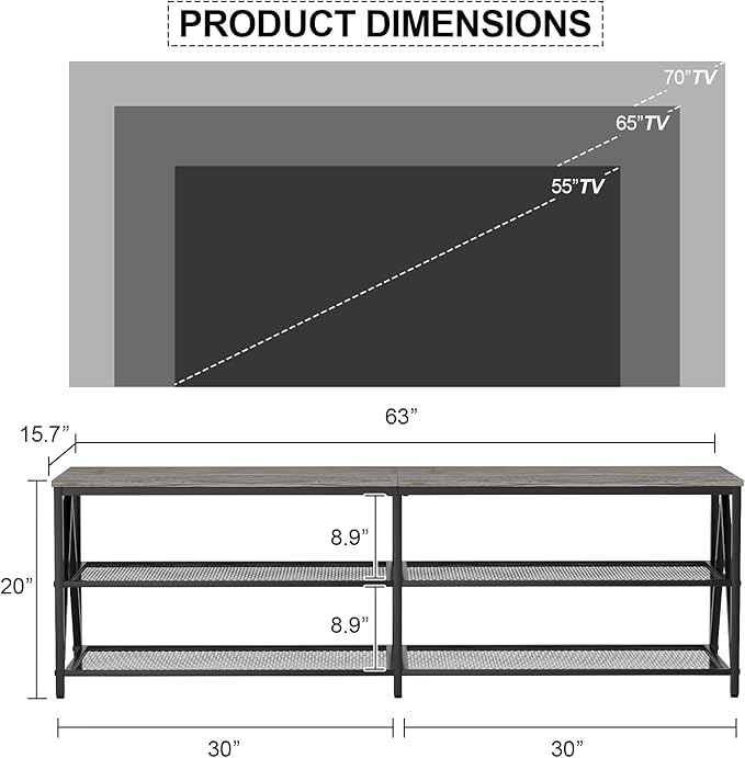 TV Stand for TVs up to 70 Inch, 63" Long Industrial TV Console Table with 3-Tier Storage Shelves, Entertainment Center for Living Room, Bedroom (Gray)