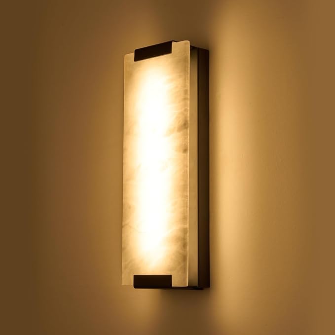 14.2in Alabaster Wall Sconce Hardwired, Large Vertical Natural Marble Wall Light Decor, LED Modern Alabaster Wall Lamp for Bedroom, Stairs, Living Room, Vanity, Bedside, Hallway, Bathroom（Black 12W）