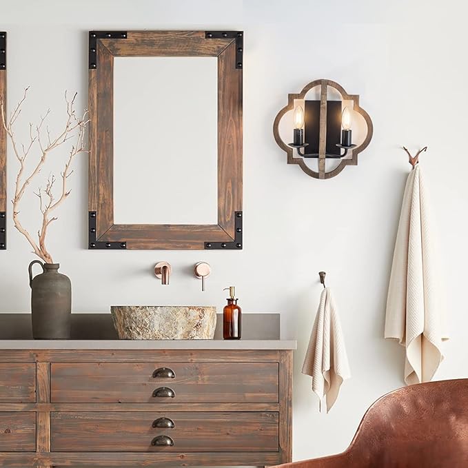 VILUXY Wood Wall Sconces Retro Industrial Wall Light Farmhouse Geometric Bedside Wall Lamps Fixture Black Wall Mount Sconces for Bedroom, Hallway, Entryway, Passway, 2 Pack