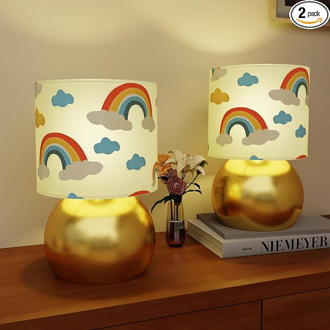 Set of 2 Gold Small Bedside Table Lamps with Rainbow Cloud Pattern Shades (Bulb Included)
