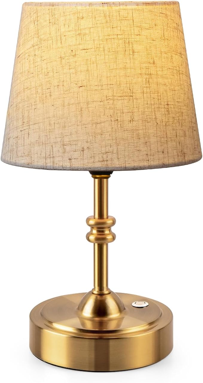 ONEWISH Small Cordless Lamp, Battery Operated Table lamp Dimmable, 4000mAh Rechargeable, Touch Bedside Lamp with Beige Linen Fabric Shade, 2700K Bulb Included, for Dining, Patio, Bathroom(Gold)