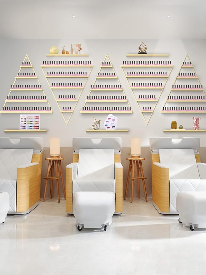 EBANKU 10PCS Nail Polish Racks 5 Tiers Nail Polish Shelf for Wall Triangular Display Rack Cosmetic Display Cases Lipstick Perfume Wall Shelf Essential Oil Organizers for Home Spa Nail Salon Shop(Gold)