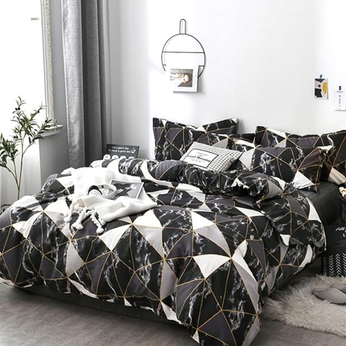 CLOTHKNOW Black Grey White Queen Comforter Set 3Pcs Marble Bedding Comforter Sets Soft Triangle Geometric Comforter with 2 x Pillow Cases